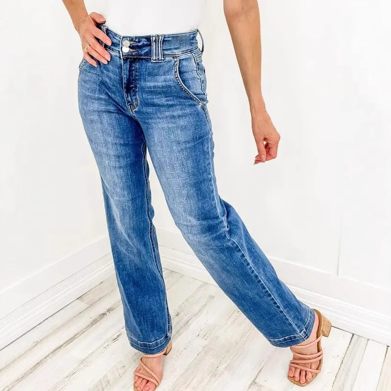 High-waist jeans met dubbele knoopsluiting en wijde pijpen