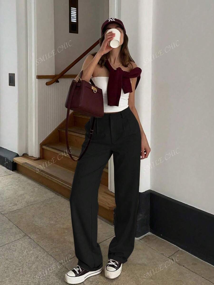 Dames vintage hoge taille broek met geplooid effect