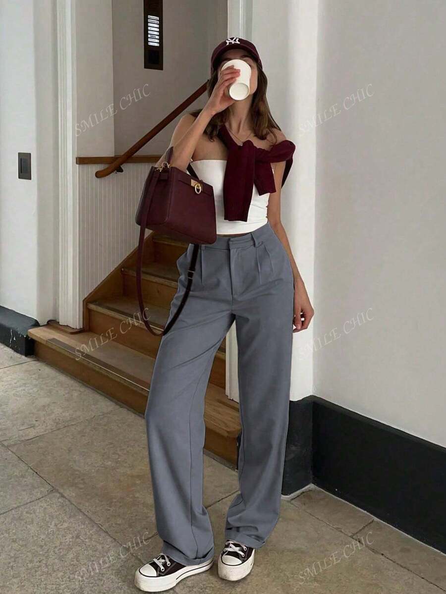 Dames vintage hoge taille broek met geplooid effect