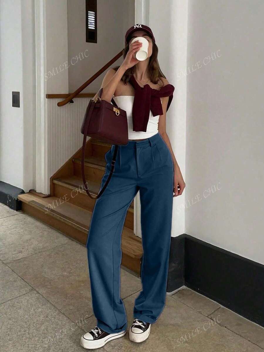 Dames vintage hoge taille broek met geplooid effect