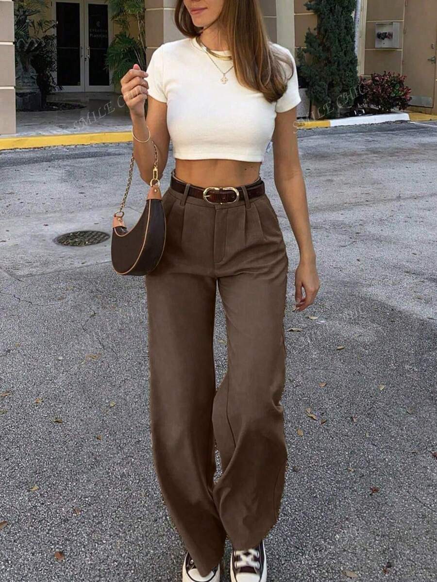 Dames vintage hoge taille broek met geplooid effect