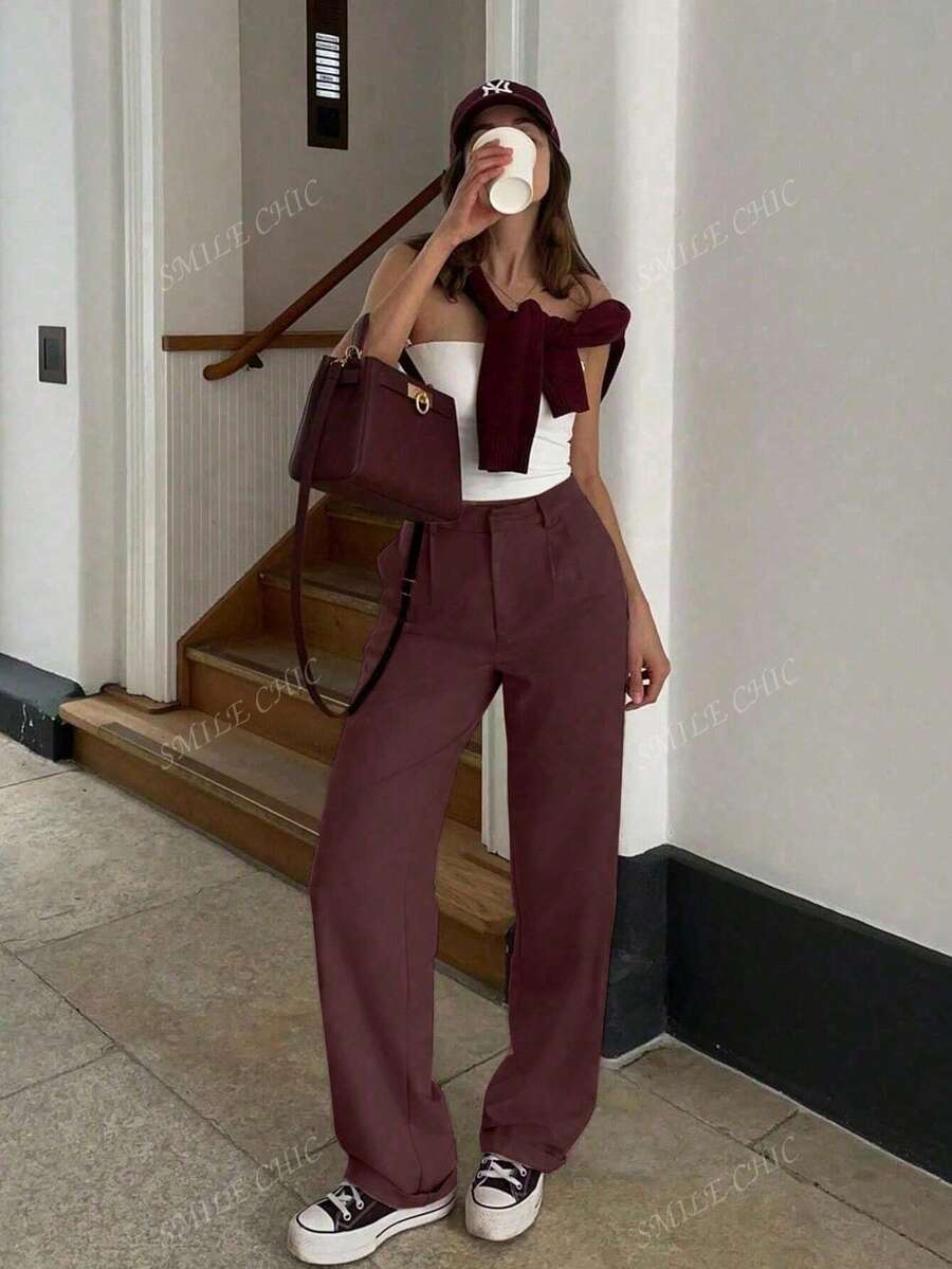 Dames vintage hoge taille broek met geplooid effect